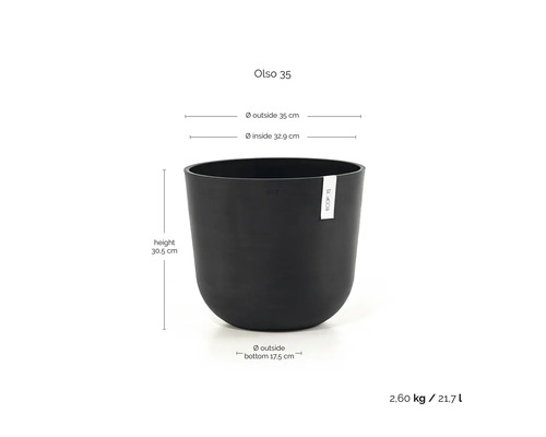 Květináč Ecopots Oslo 35 s Ecopots Logo a rozměry: výška 30,5 centimetrů, vnější průměr 35 centimetrů, objem 21,7 litrů.