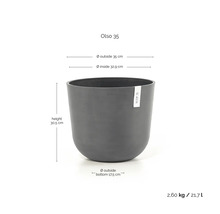 Květináč Ecopots Olso 35: výška 30,5 centimetrů, vnější průměr 35 centimetrů, vnitřní průměr 32,9 centimetrů, objem 21,7 litrů.