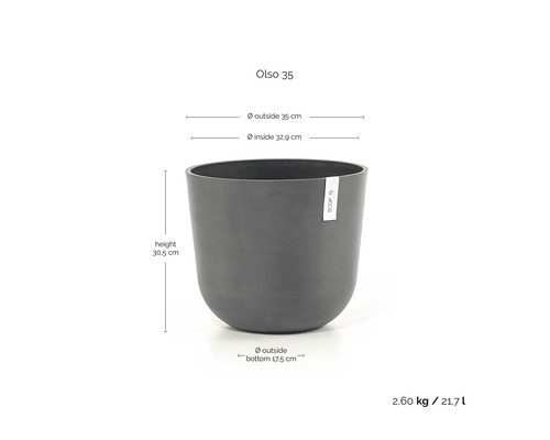 Květináč Ecopots Olso 35: výška 30,5 centimetrů, vnější průměr 35 centimetrů, vnitřní průměr 32,9 centimetrů, objem 21,7 litrů.