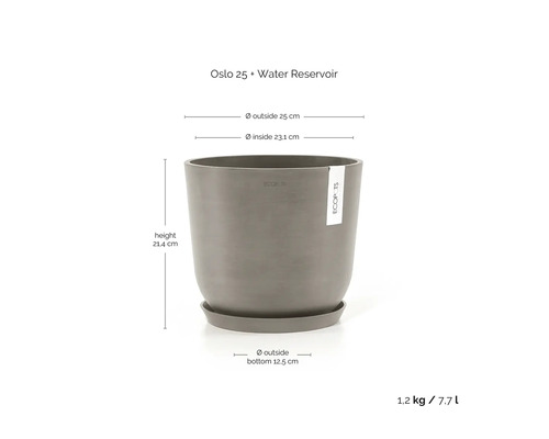Šedý květináč ECOPOTS Oslo 25 s podmiskou a zásobníkem na vodu, výška 21,4 centimetrů, průměr 25 centimetrů, objem 7,7 litru.