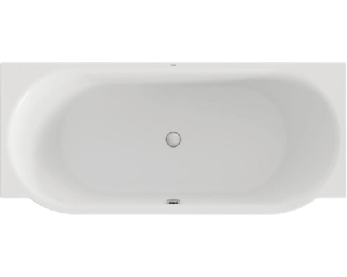 Bílá obdélníková vestavná vana s oválným vnitřním tvarem a středovým odtokem.