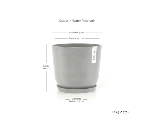 Květináč Ecopots Oslo 25 s rezervoárem na vodu a miskou, průměr 25 centimetrů, výška 21,4 centimetrů, objem 7,7 litru.