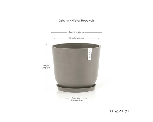 Šedý květináč Ecopots Oslo 35 s rezervoárem na vodu, vnější průměr 35 centimetrů, výška 30,5 centimetrů, objem 21,7 litru.