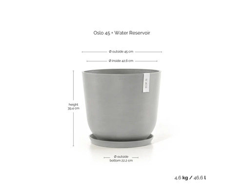 Šedý květináč Oslo 45 s nádržkou na vodu, rozměry: výška 39,4 centimetrů, vnější průměr 45 centimetrů, objem 46,6 litrů.