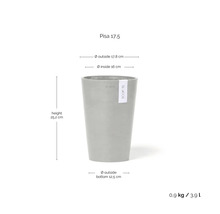 Ecopots Pisa 17,5: výška 25,2 centimetru, vnější 17,8 centimetru, vnitřní 16 centimetrů, dno 12,5 centimetru, objem 3,9 litru.