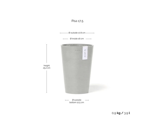 Ecopots Pisa 17,5: výška 25,2 centimetru, vnější 17,8 centimetru, vnitřní 16 centimetrů, dno 12,5 centimetru, objem 3,9 litru.