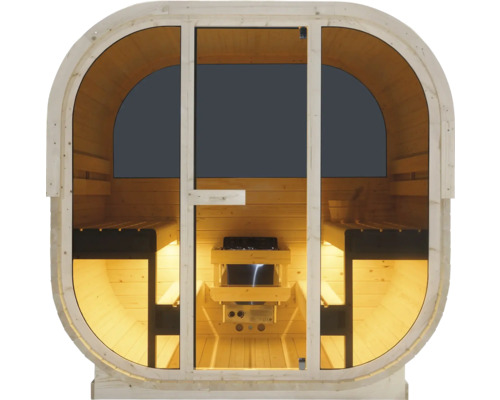 Dřevěná sudová sauna se skleněnými dveřmi a saunovými kamny