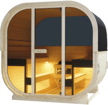 Sudová sauna se skleněnými dveřmi a dřevěnými lavicemi