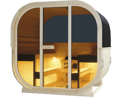 Sudová sauna se skleněnými dveřmi a dřevěnými lavicemi
