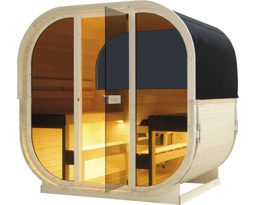 Dřevěná sudová sauna se skleněnými dveřmi a lavicemi