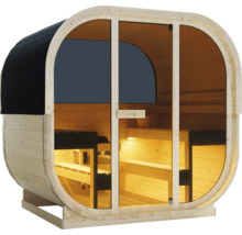 Sudová sauna ze dřeva s prosklenými dveřmi a černou střechou