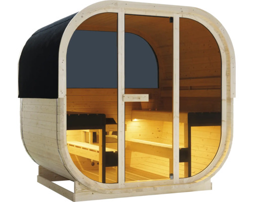 Sudová sauna ze dřeva s prosklenými dveřmi a černou střechou