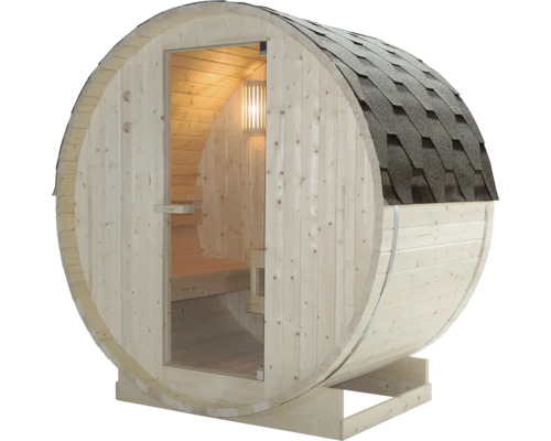 Sudová sauna ze dřeva se střešními šindeli a skleněnými dveřmi