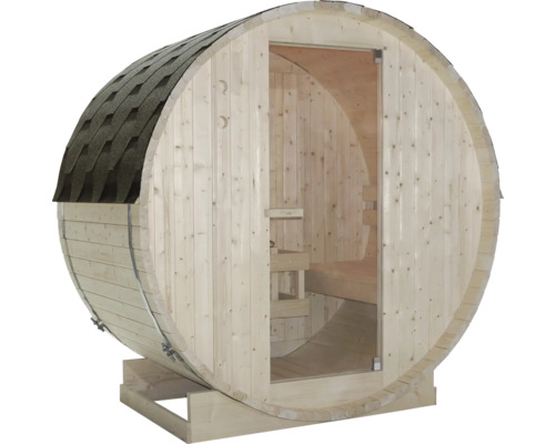 Sudová sauna ze dřeva s dveřmi a šindelovou střechou