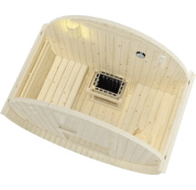 Vnitřní pohled na dřevěnou saunu s kamny, lampou a měřicím přístrojem