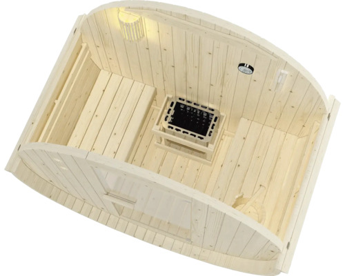 Vnitřní pohled na dřevěnou saunu s kamny, lampou a měřicím přístrojem