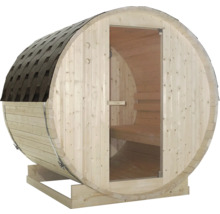 Sudová sauna se skleněnými dveřmi a šindelovou střechou