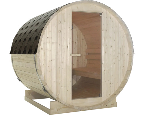 Sudová sauna se skleněnými dveřmi a šindelovou střechou