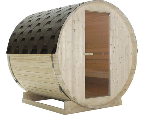 Sudová sauna z dřeva s dveřmi a střešními šindeli