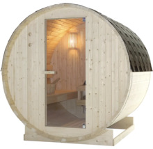 Sudová sauna s prosklenými dveřmi a střešními šindeli