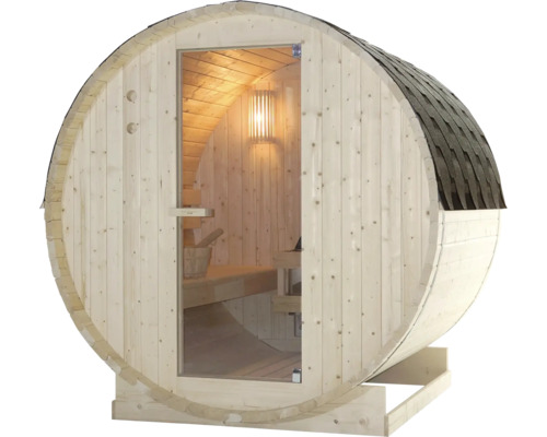 Sudová sauna s prosklenými dveřmi a střešními šindeli