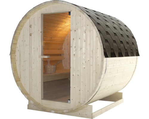 Sudová sauna se skleněnými dveřmi a bituminózními šindeli