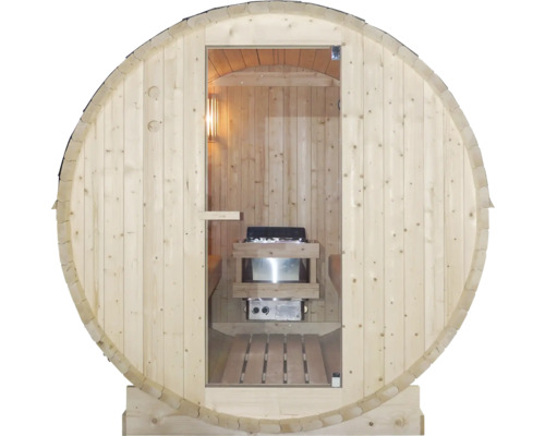 Sudová sauna se skleněnými dveřmi a kamny