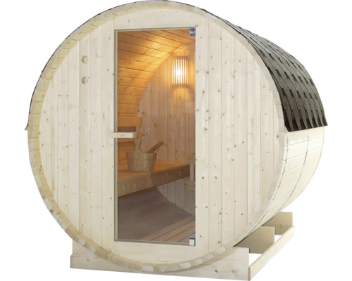 Sudová sauna se skleněnými dveřmi a šindelovou střechou