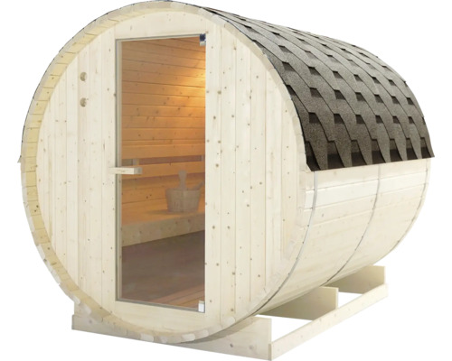 Sudová sauna ze dřeva se skleněnými dveřmi a bitumenovým střešním šindelem