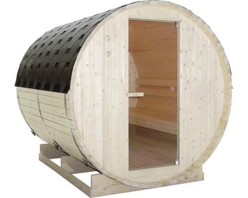 Sudová sauna ze dřeva se skleněnými dveřmi a bitumenovými šindeli na dřevěném rámu