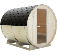 Sudová sauna ze dřeva s dveřmi a střešními šindeli
