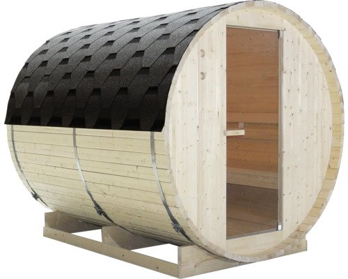 Sudová sauna ze dřeva s dveřmi a střešními šindeli