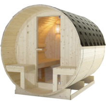 Sudová sauna ze dřeva se skleněnými dveřmi a lavicemi