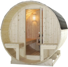 Dřevěná sudová sauna se skleněnými dveřmi a lavicemi