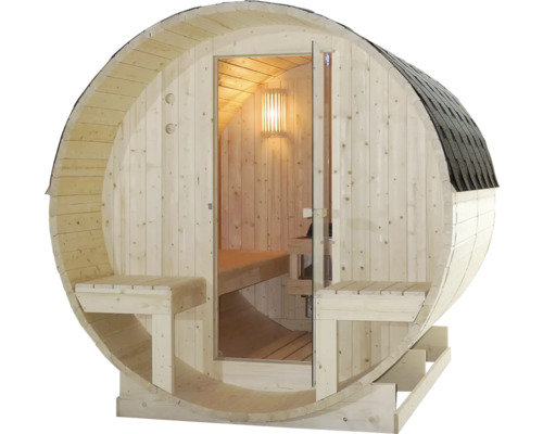 Dřevěná sudová sauna se skleněnými dveřmi a lavicemi