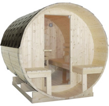 Sudová sauna ze dřeva s prosklenými vstupními dveřmi a lavicemi