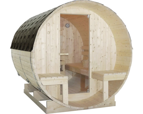 Sudová sauna ze dřeva s prosklenými vstupními dveřmi a lavicemi