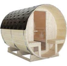 Sudová sauna ze dřeva se střešními šindeli a skleněnými dveřmi