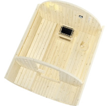 Vnitřní pohled na dřevěnou saunu se sporákem a lavicí