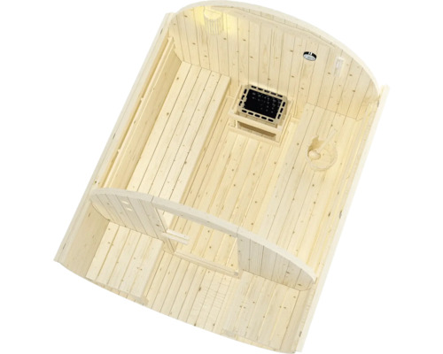 Vnitřní pohled na dřevěnou saunu se sporákem a lavicí