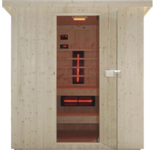 Vnitřní pohled na infračervenou saunu s otevřenými skleněnými dveřmi