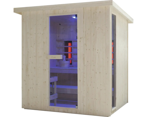 Dřevěná sauna se skleněnými dveřmi a infračervenými zářiči
