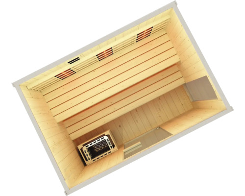 Vnitřní pohled na saunu s dřevěnými lavicemi a saunová kamna