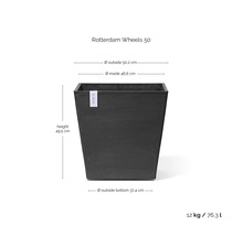 Květináč Ecopots Rotterdam Wheels 50 tmavě šedý, výška 49,5 centimetrů, šířka nahoře 50,2 centimetrů, dole 37,4 centimetrů, 76,3 litrů, 12 kilogramů.