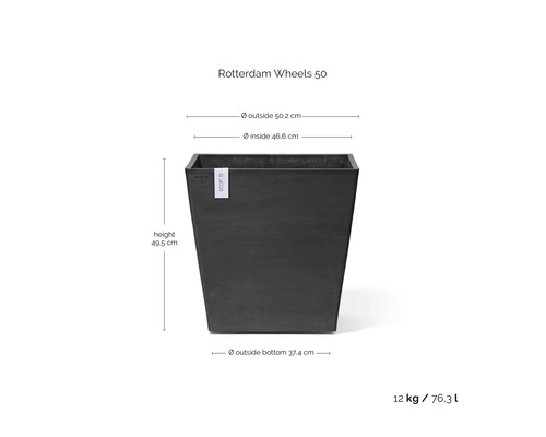 Květináč Ecopots Rotterdam Wheels 50 tmavě šedý, výška 49,5 centimetrů, šířka nahoře 50,2 centimetrů, dole 37,4 centimetrů, 76,3 litrů, 12 kilogramů.