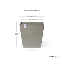 Čtvercový květináč Ecopots Rotterdam Wheels 50: výška 49,5 centimetru, vnější průměr 50,2 centimetru, objem 76,3 litru.