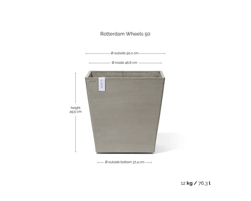 Čtvercový květináč Ecopots Rotterdam Wheels 50: výška 49,5 centimetru, vnější průměr 50,2 centimetru, objem 76,3 litru.