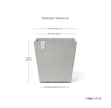Květináč Ecopots Rotterdam Wheels 50: výška 49,5 centimetrů, vnější průměr 50,2 centimetrů, hmotnost 12 kilogramů, objem 76,3 litrů.