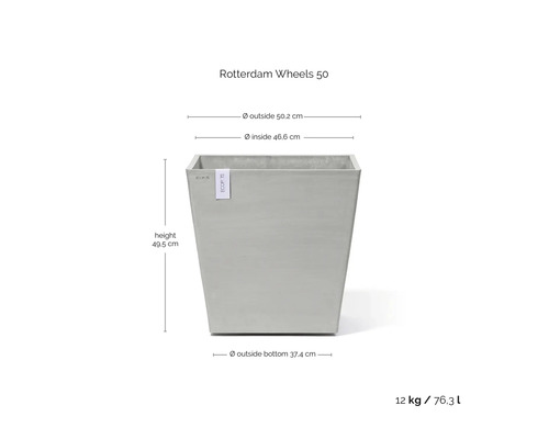 Květináč Ecopots Rotterdam Wheels 50: výška 49,5 centimetrů, vnější průměr 50,2 centimetrů, hmotnost 12 kilogramů, objem 76,3 litrů.