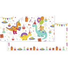 Dekorativní bordura s dinosaury, dárky a balónky pro narozeninovou oslavu.